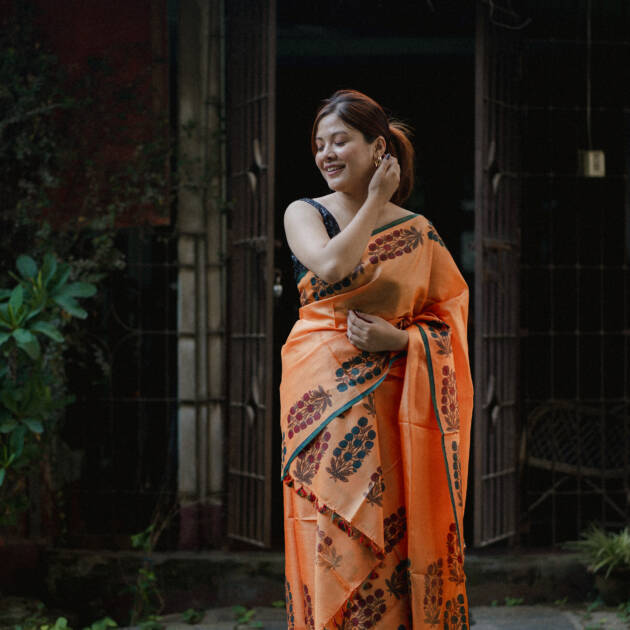 Pure Silk with floral hand block print