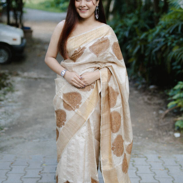 Pure Desi Tassar Silk with Assamese modified Kingkhap Hand Block Print (Saree)