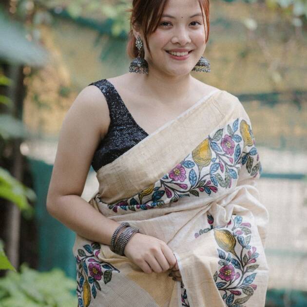 Pure Desi Tassar with Floral Hand Block print (Saree)