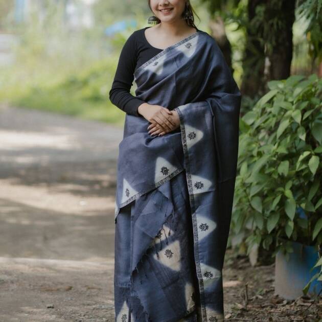 Pure Tassar Silk Dyed with Stitched method and small floral hand block print