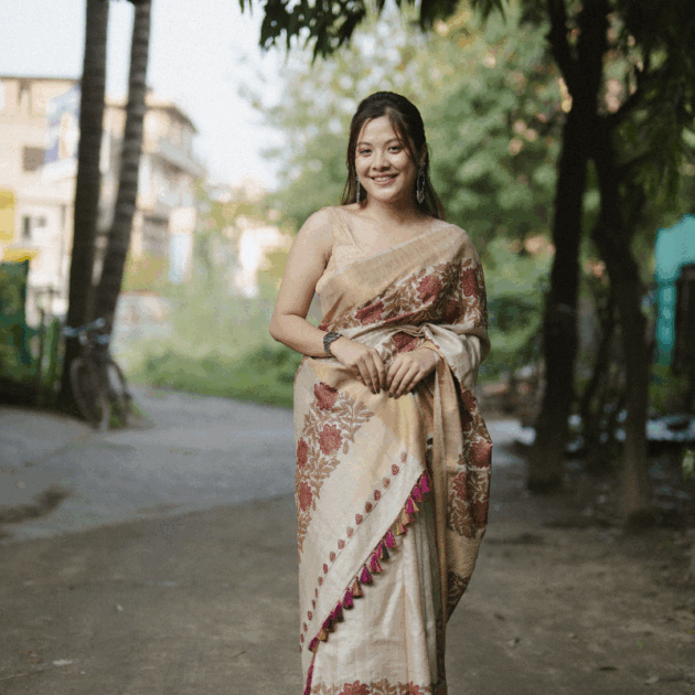 Pure Desi Tassar Silk with floral Hand Block Print(Saree)