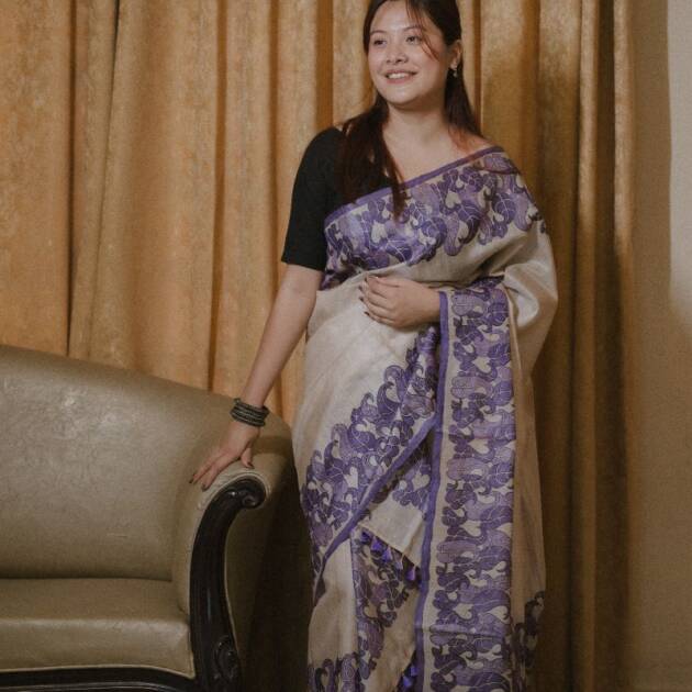 Pure Desi Tassar Silk with Leaf hand block print